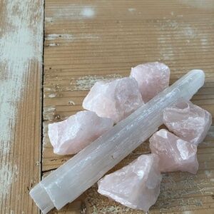 Selenite Wand and Rose Quartz Crystals
